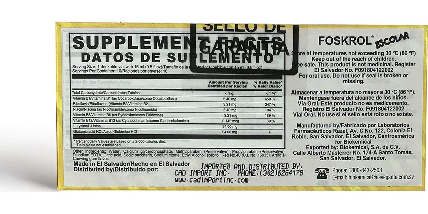 Foskrol Escolar Dietary Supplement Vitamin Boost Appetite Supplements Kids Dietary Supplement Natural Appetite Stimulant for Kids and Toddlers 10 vials per Pack Vitamins for Kids