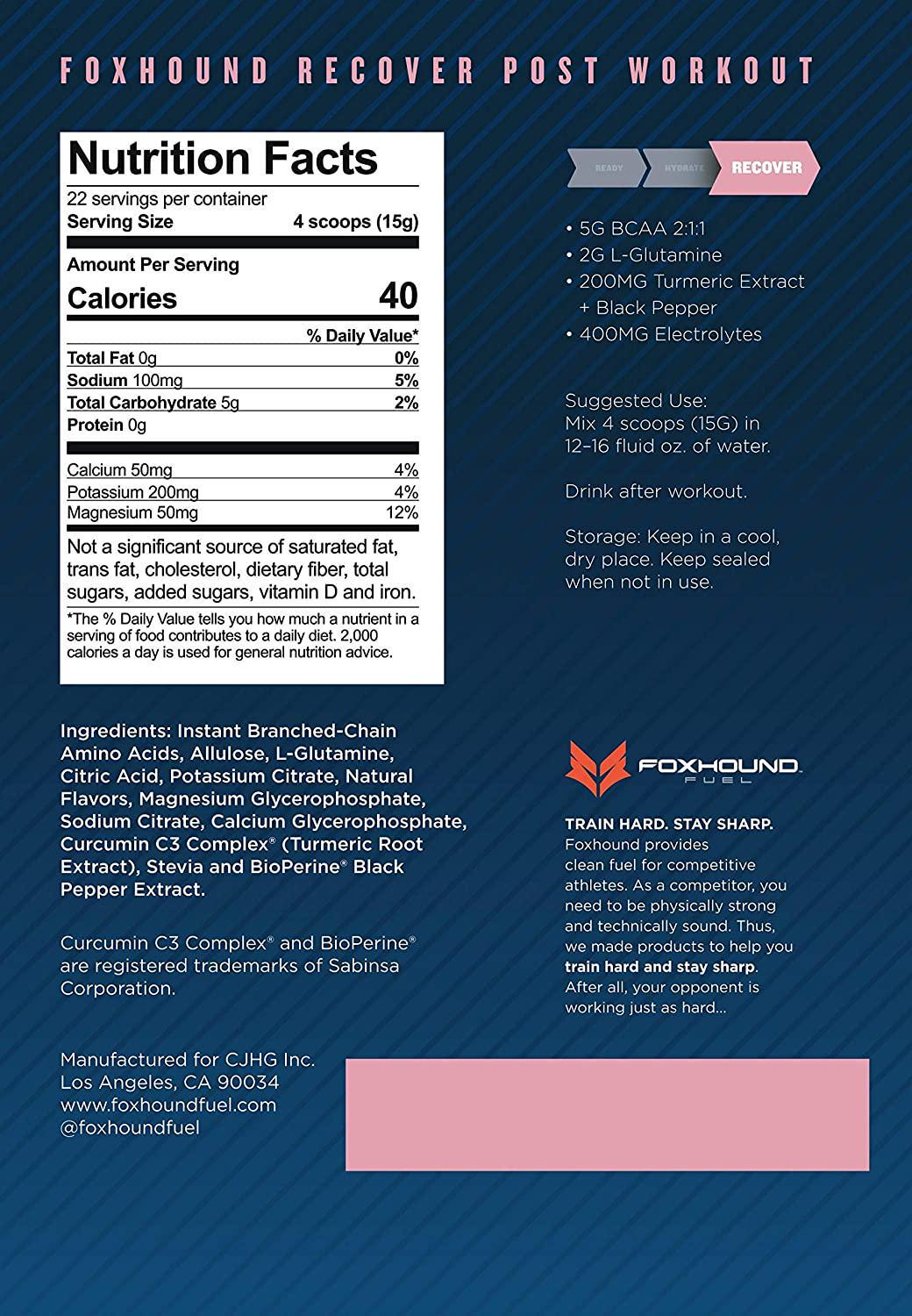 Foxhound Fuel Post Workout Drink | Recover | Strawberry Lemonade | 5G BCAA, 2G L-Glutamine, Turmeric + Black Pepper, Electrolytes | 22 Servings