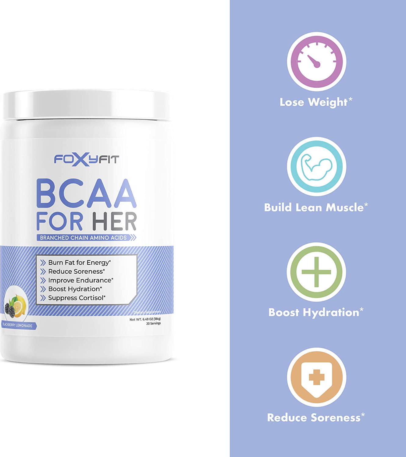FoxyFit BCAA for Her, Branched Chain Amino Acids for Women to Boost Hydration and Reduce Soreness, BlackBerry Lemonade (BCAA Powder - 20 Servings)