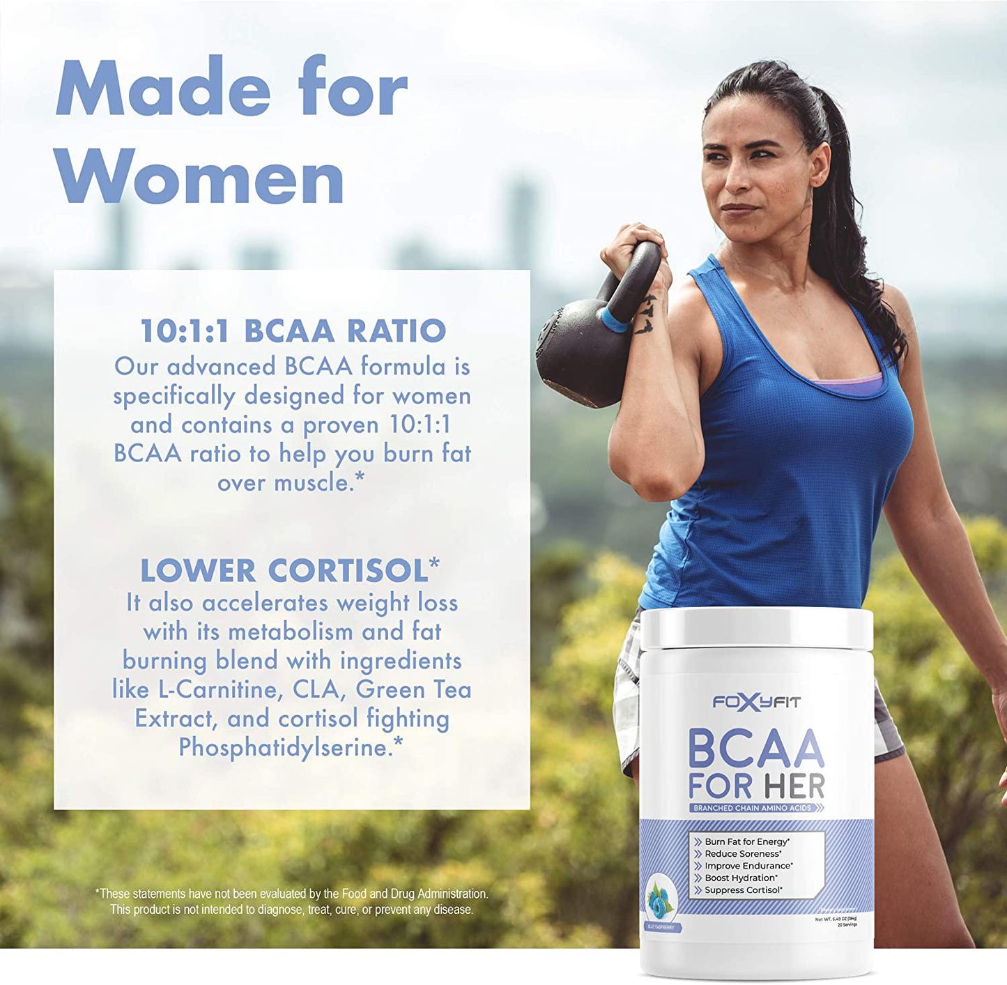 FoxyFit BCAA for Her, Branched Chain Amino Acids for Women to Boost Hydration and Reduce Soreness, Blue Raspberry (BCAA Powder - 20 Servings)