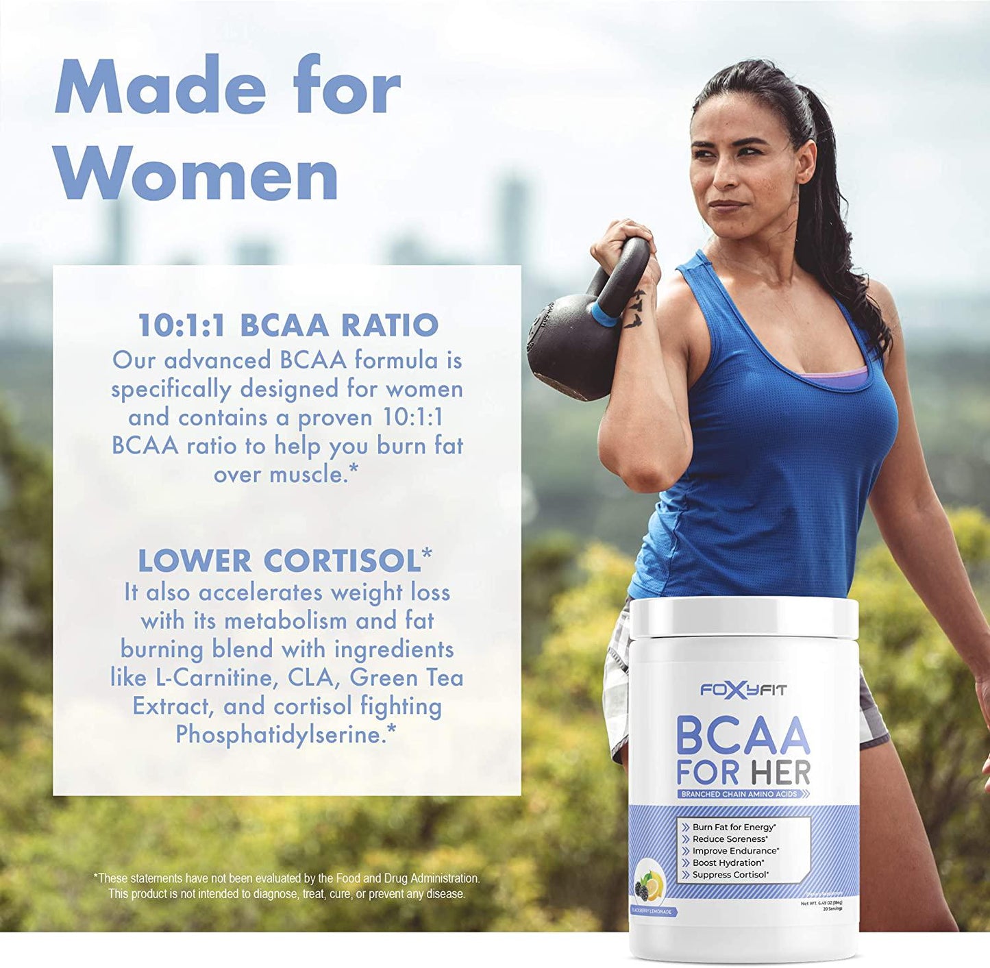 FoxyFit BCAA for Her, Branched Chain Amino Acids for Women to Boost Hydration and Reduce Soreness, BlackBerry Lemonade (BCAA Powder - 20 Servings)