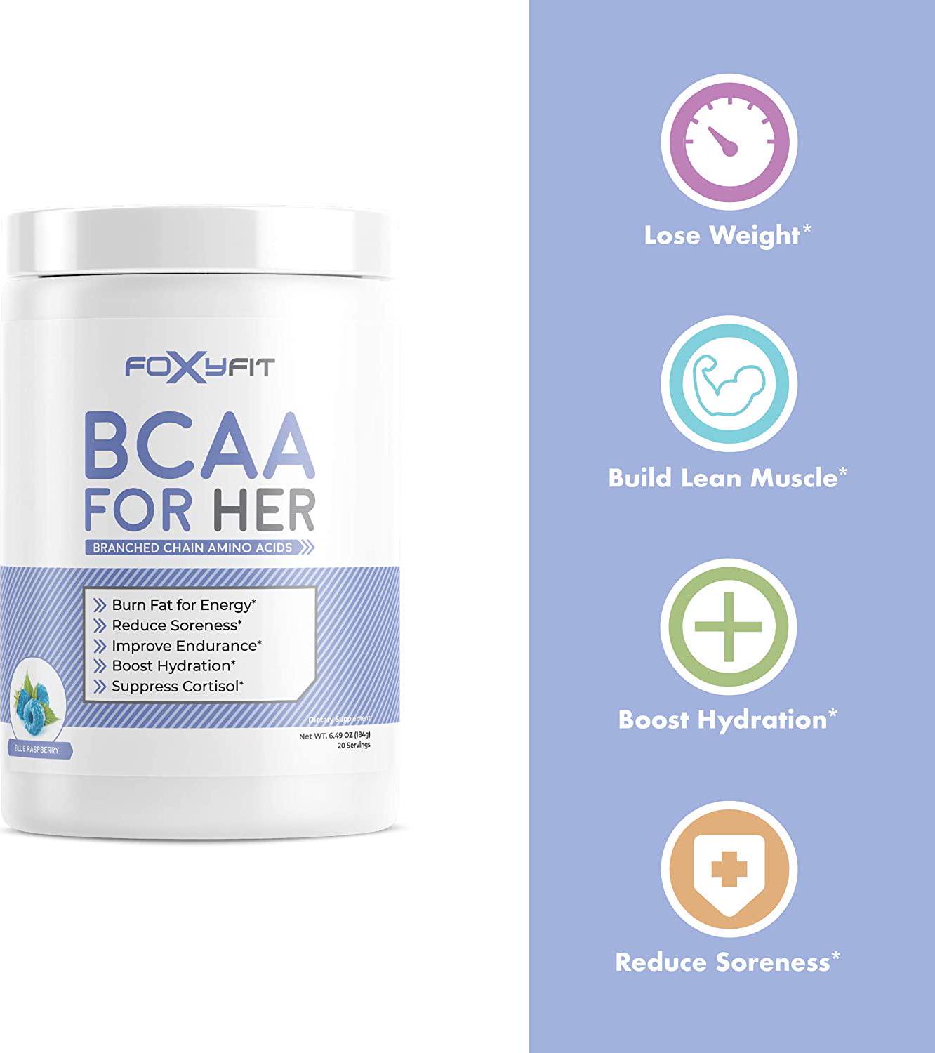 FoxyFit BCAA for Her, Branched Chain Amino Acids for Women to Boost Hydration and Reduce Soreness, Blue Raspberry (BCAA Powder - 20 Servings)