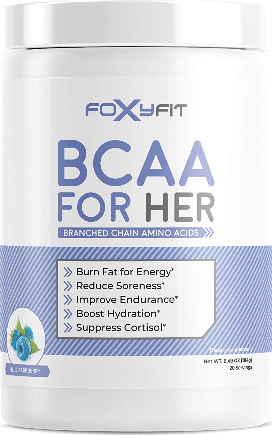 FoxyFit BCAA for Her, Branched Chain Amino Acids for Women to Boost Hydration and Reduce Soreness, Blue Raspberry (BCAA Powder - 20 Servings)