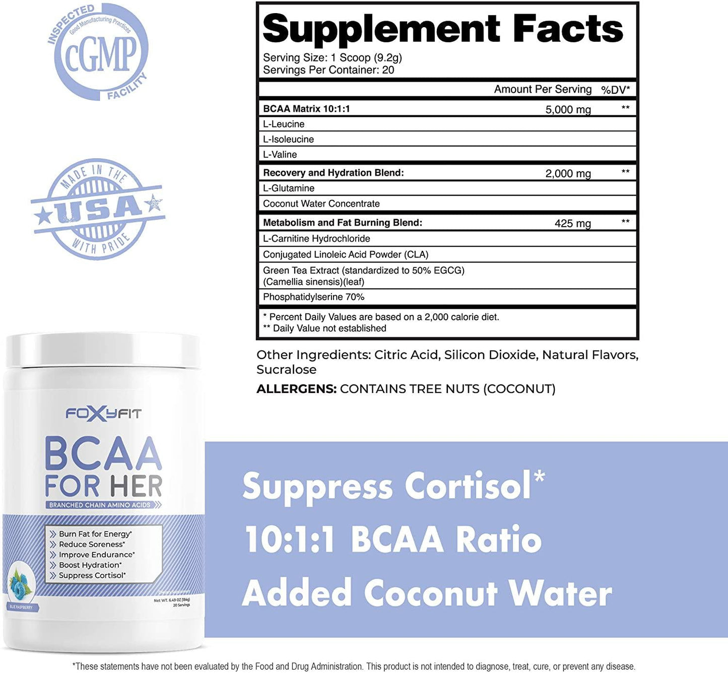 FoxyFit BCAA for Her, Branched Chain Amino Acids for Women to Boost Hydration and Reduce Soreness, Blue Raspberry (BCAA Powder - 20 Servings)