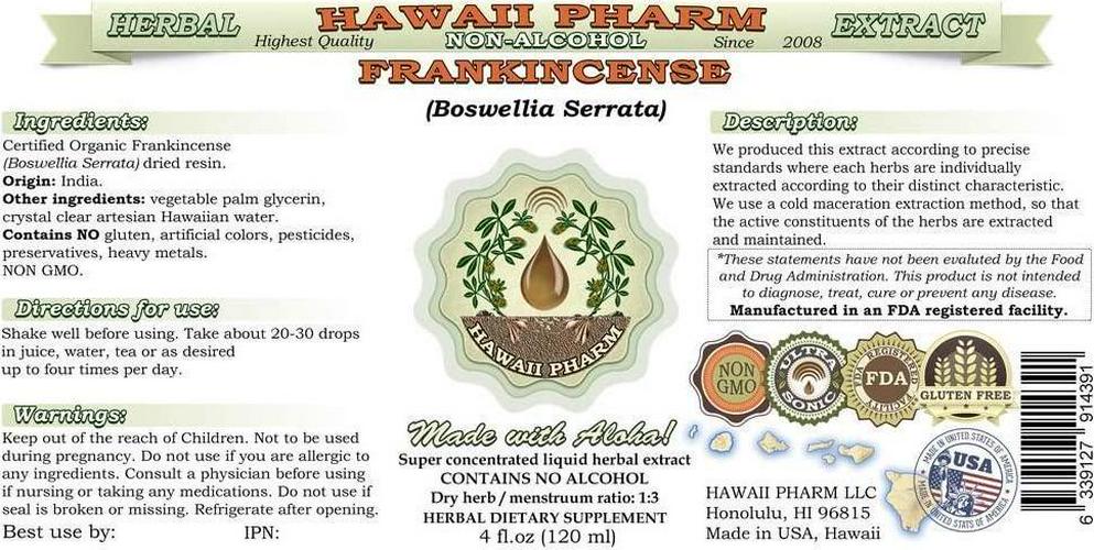 Frankincense Alcohol-Free Liquid Extract, Frankincense (Boswellia Serrata) Dried Resin Glycerite Hawaii Pharm Natural Herbal Supplement 4 oz