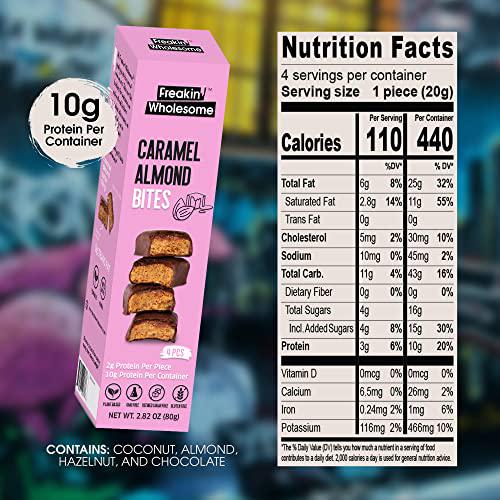 Freakin' Wholesome Chocolate Covered Caramel Almond Bites, High protein snacks 2.82 Ounces per box. (Pack of 3). Vegan Gluten Free