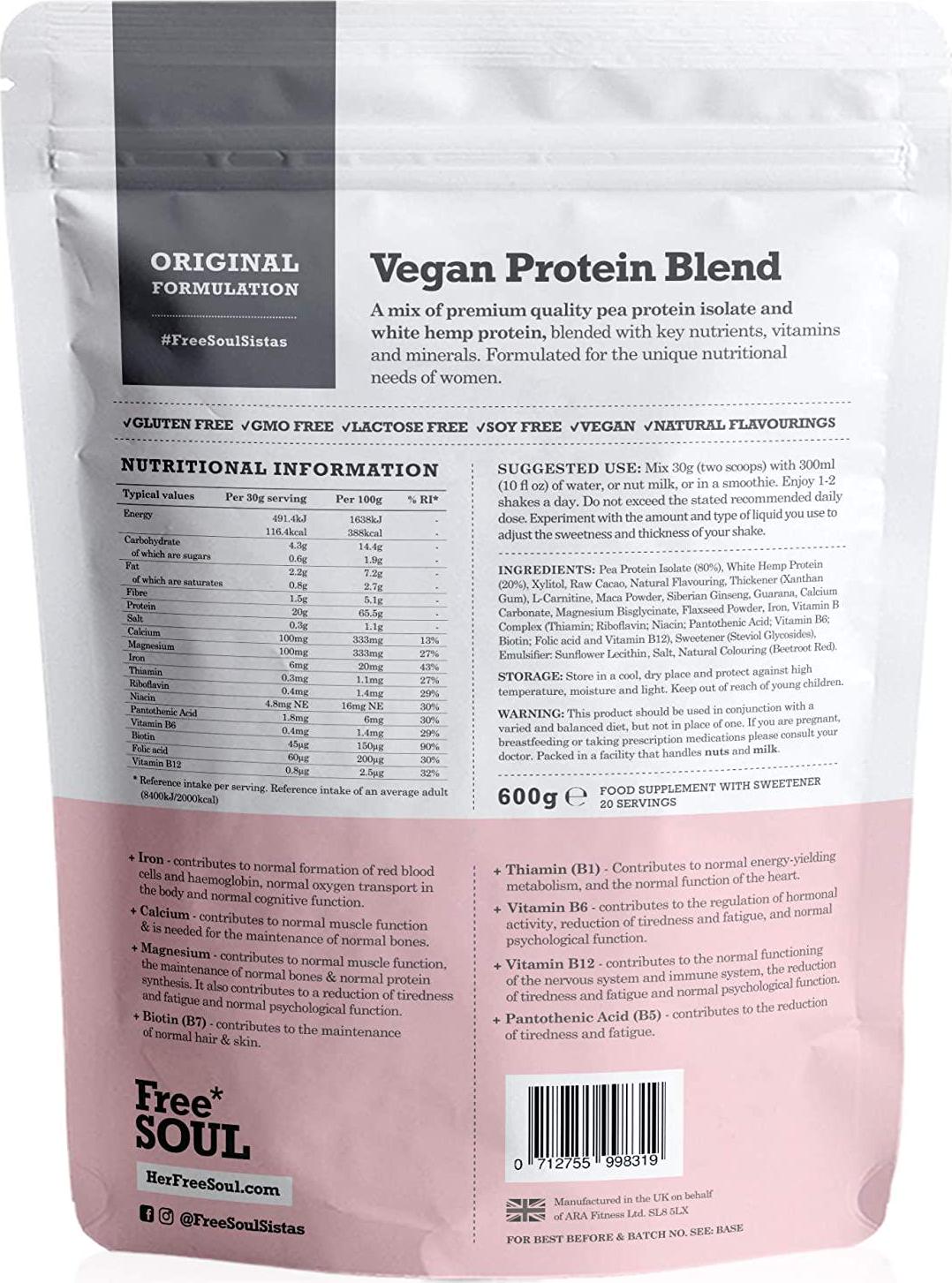 Free Soul Vegan Protein Powder for Women | 20 Servings | 20g Protein | Added Superfoods and Vitamins | Gluten and Soy Free Plant Based Nutrition Protein Shake | Pea and Hemp Isolate Protein (Vanilla)