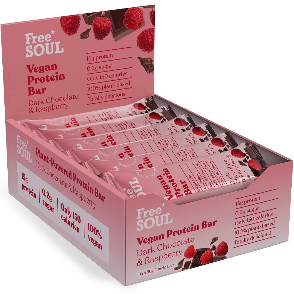 Free Soul Vegan Protein Bar, High Protein, Low Sugar, Dairy Free Chocolate Coated Plant Based Snack with Gooey Core (12 x 50g) (Dark Chocolate and Raspberry)