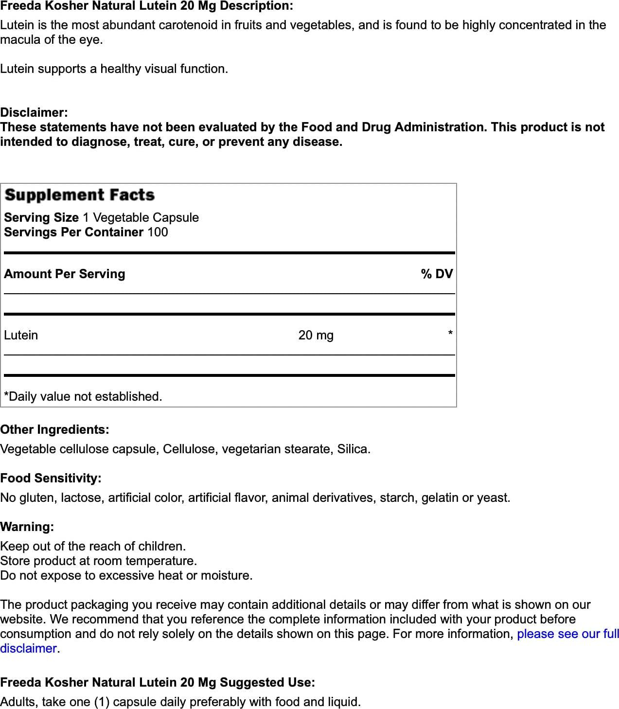 Freeda Natural Lutein 20 Mg - 100 Veg Caps