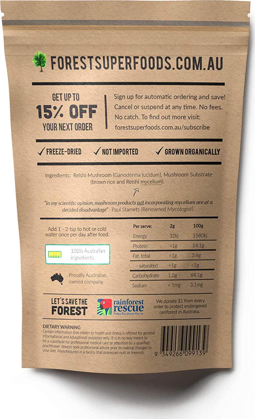 Freeze Dried 100% Australian Grown Reishi Medicinal Mushroom (includes mycelium) - 30 Day Supply