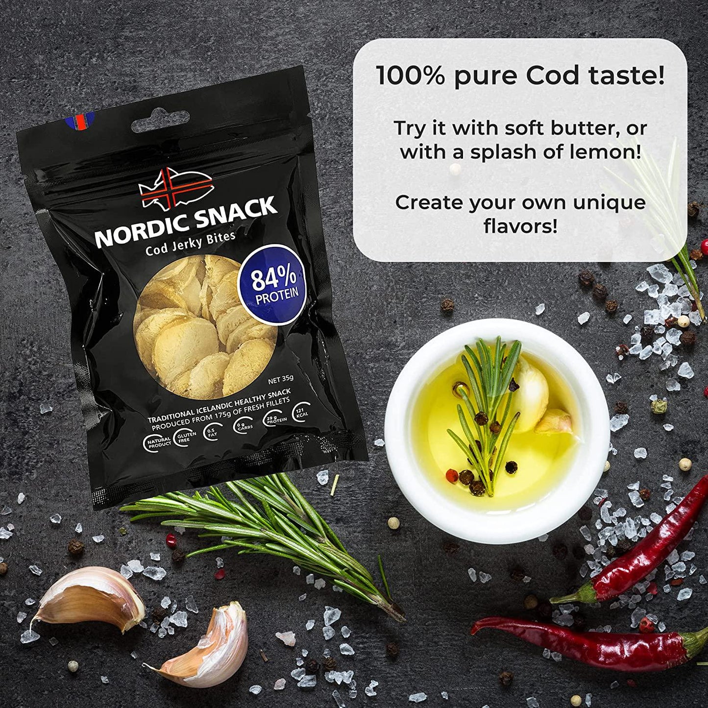 Freeze Dried Cod Bites (Hardfiskur) Wild Caught Fish Jerky | High Protein Healthy Nordic Snack (35g Resealable Bag)