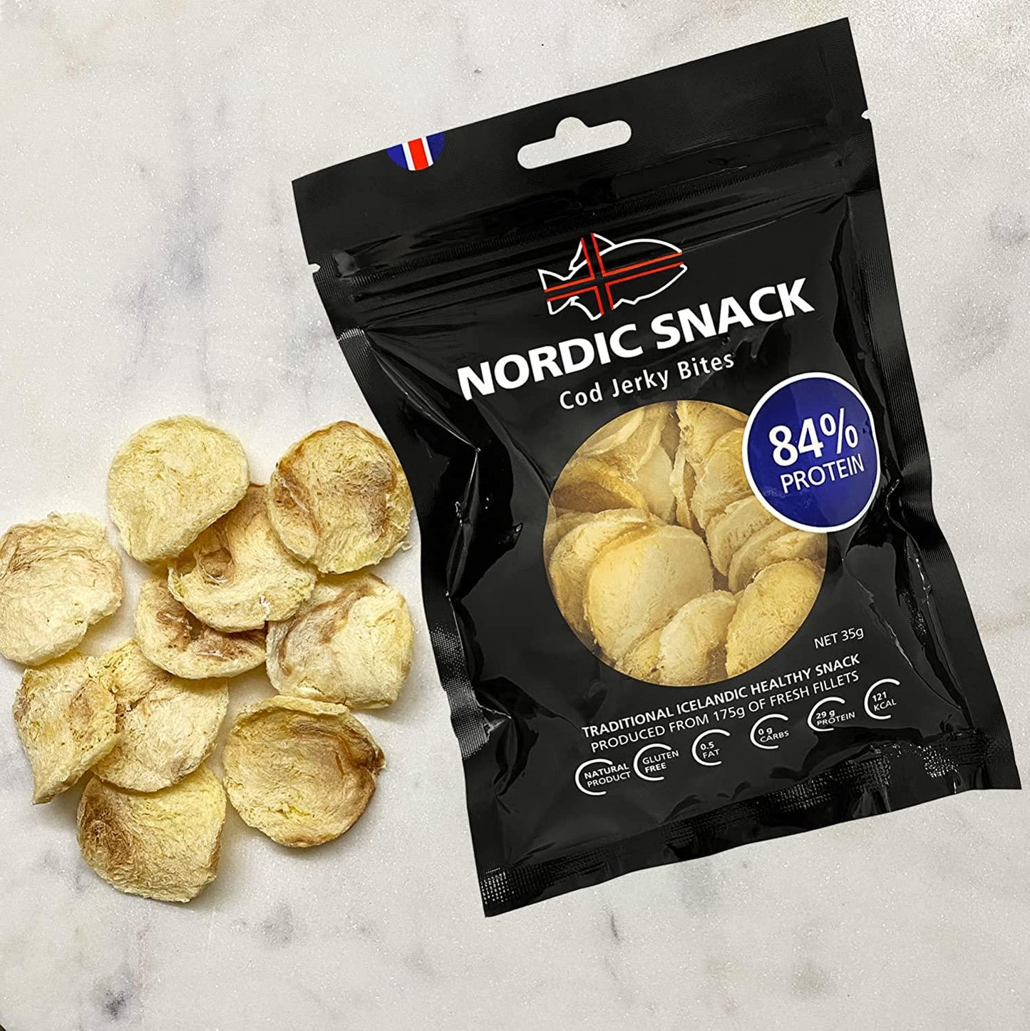 Freeze Dried Cod Bites (Hardfiskur) Wild Caught Fish Jerky | High Protein Healthy Nordic Snack (35g Resealable Bag)