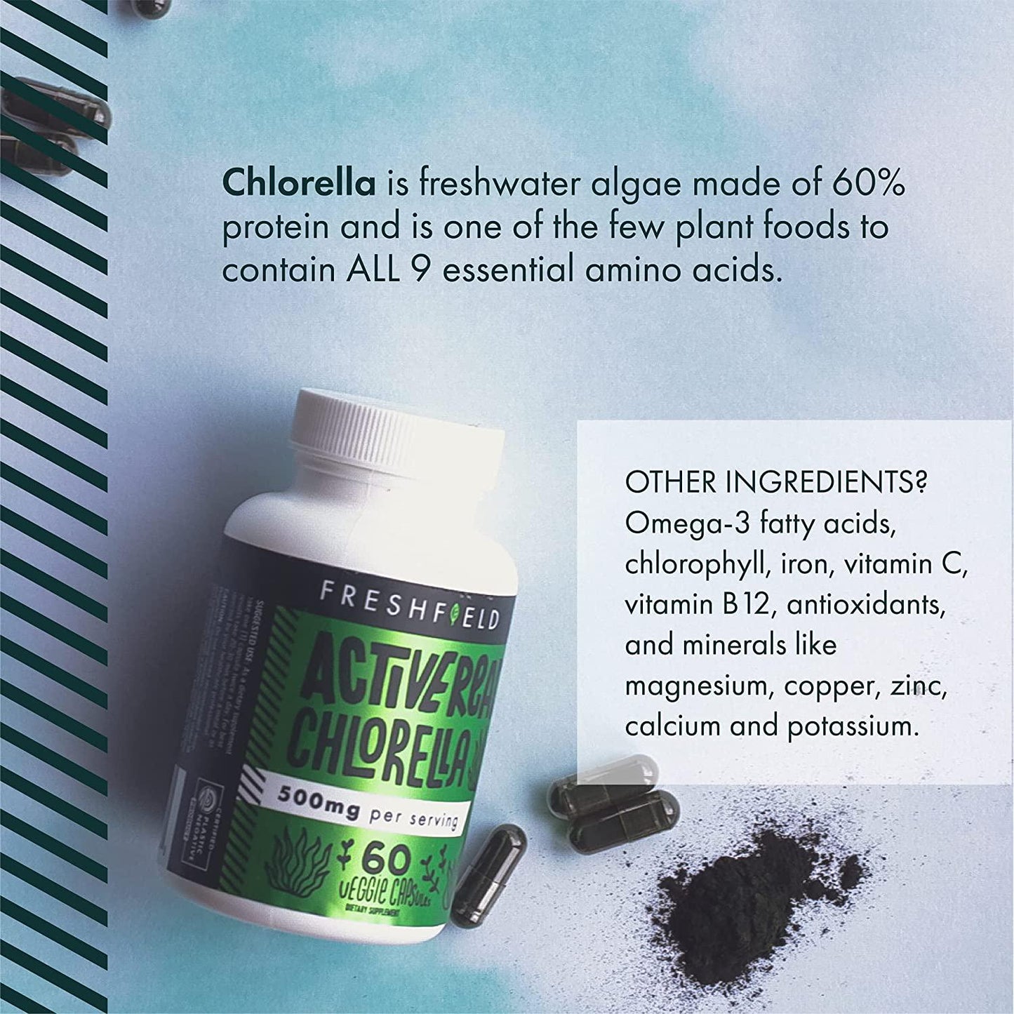 Freshfield Vegan Chlorella: Active Ready+, 500mg Capsules, Naturally occuring Chlorophyll and Beta-Carotene from Green Freshwater Algae with a Wide Range of antioxidants. Vegan and Plastic Neutral