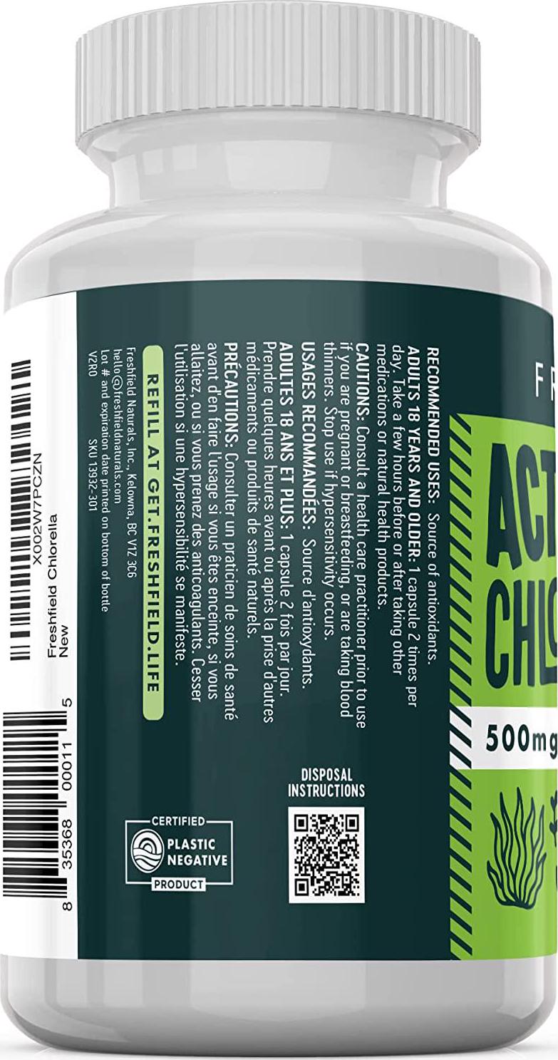 Freshfield Vegan Chlorella: Active Ready+, 500mg Capsules, Naturally occuring Chlorophyll and Beta-Carotene from Green Freshwater Algae with a Wide Range of antioxidants. Vegan and Plastic Neutral