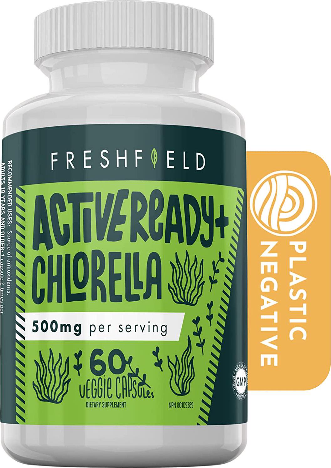 Freshfield Vegan Chlorella: Active Ready+, 500mg Capsules, Naturally occuring Chlorophyll and Beta-Carotene from Green Freshwater Algae with a Wide Range of antioxidants. Vegan and Plastic Neutral
