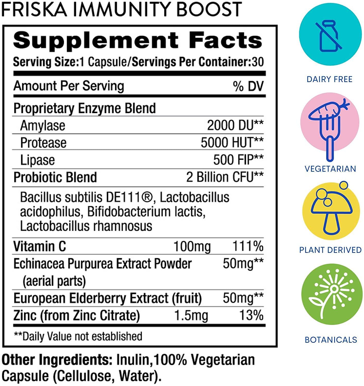 Friska Immunity Boost, Natural Digestive Enzyme and Probiotic, Promotes Better Digestion, Made in The USA, 30 Vegetarian Capsules