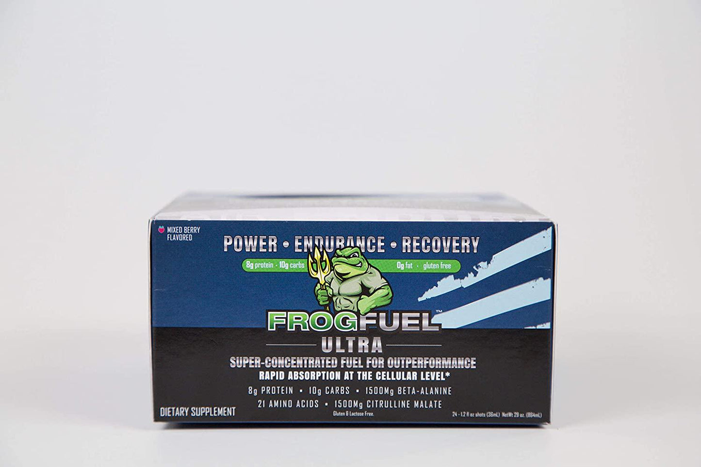 FrogFuel Ultra Liquid Protein Shot with Carbohydrates and Electrolytes - Mixed Berry - 24 1.2oz Protein Shots. Pre Workout and Endurance Shot. Clinically Proven 100% Digestibility in < 15 Minutes.