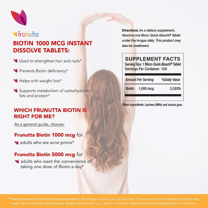 Frunutta Biotin 1000 mcg, Beautiful Hair, Healthy Nails, Under The Tongue Instant Dissolve Tablets, 3 Month Supply, Proudly Made in USA