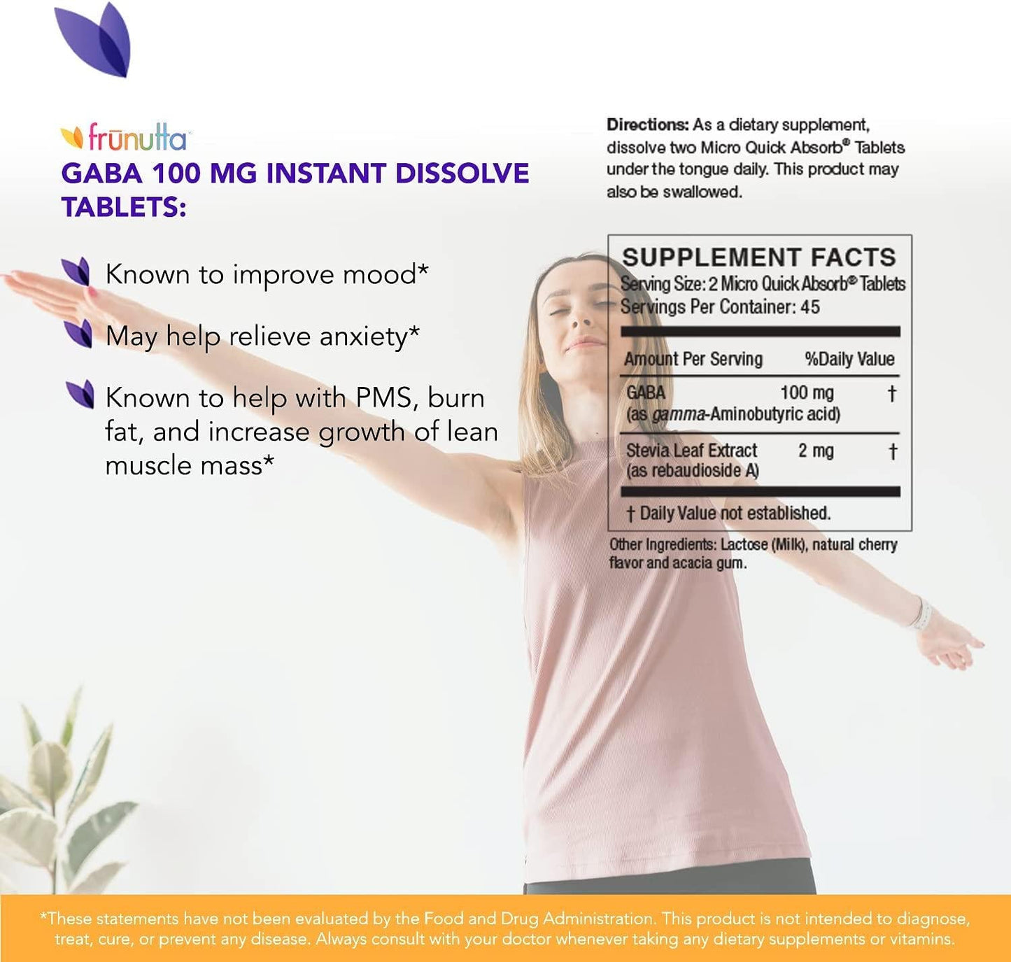 Frunutta GABA Under The Tongue Instant Dissolve Tablets - 100 mg x 90 Tablets - Helps Relieve Anxiety and Improve Mood - Dietary Supplement, Made in USA - Non-GMO, Gluten Free and No Additives