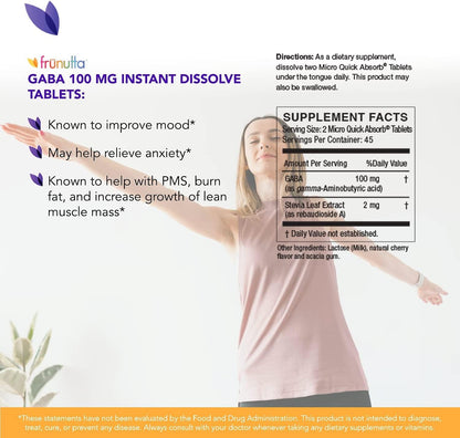 Frunutta GABA Under The Tongue Instant Dissolve Tablets - 100 mg x 90 Tablets - Helps Relieve Anxiety and Improve Mood - Dietary Supplement, Made in USA - Non-GMO, Gluten Free and No Additives