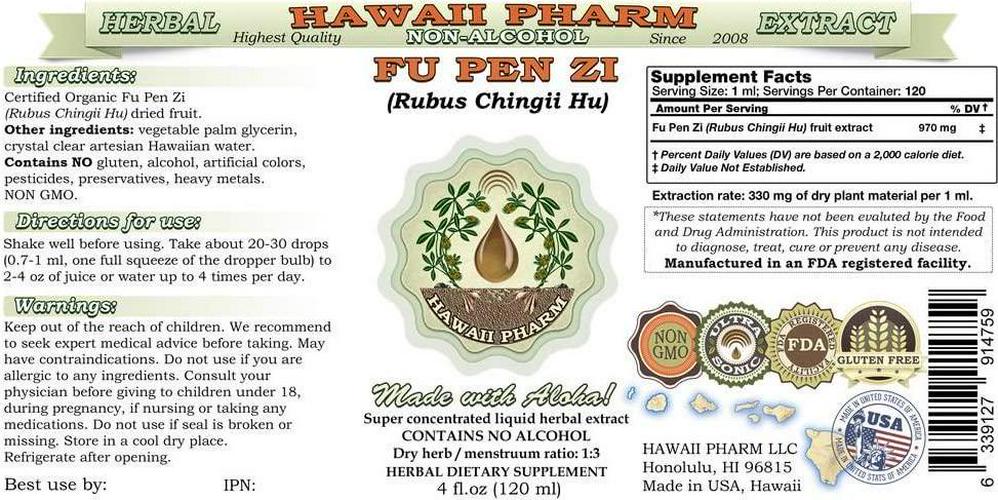 Fu Pen Zi Alcohol-Free Liquid Extract, Fu Pen Zi, Chinese Raspberry (Rubus Chingii Hu) Fruit Glycerite Herbal Supplement 2 oz