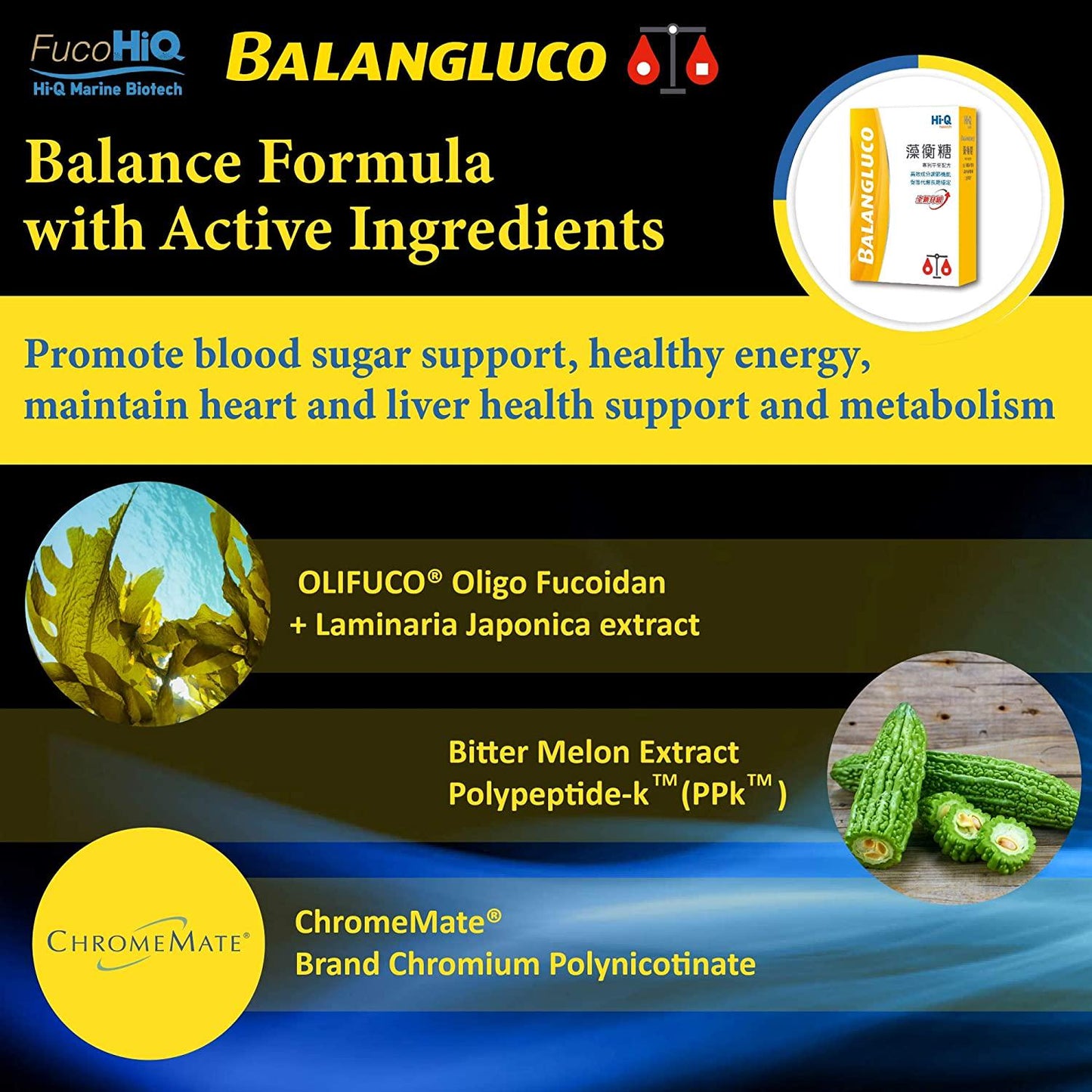 FucoHIQ HI-Q BALANGLUCO Capsules - 550mg - Fucoidan Blend Seaweed Extract Blood Sugar Support, Healthy Energy, Heart and Liver Health Support, Metabolism - 90 Veggie Capsules Made in Taiwan(1-Pack)