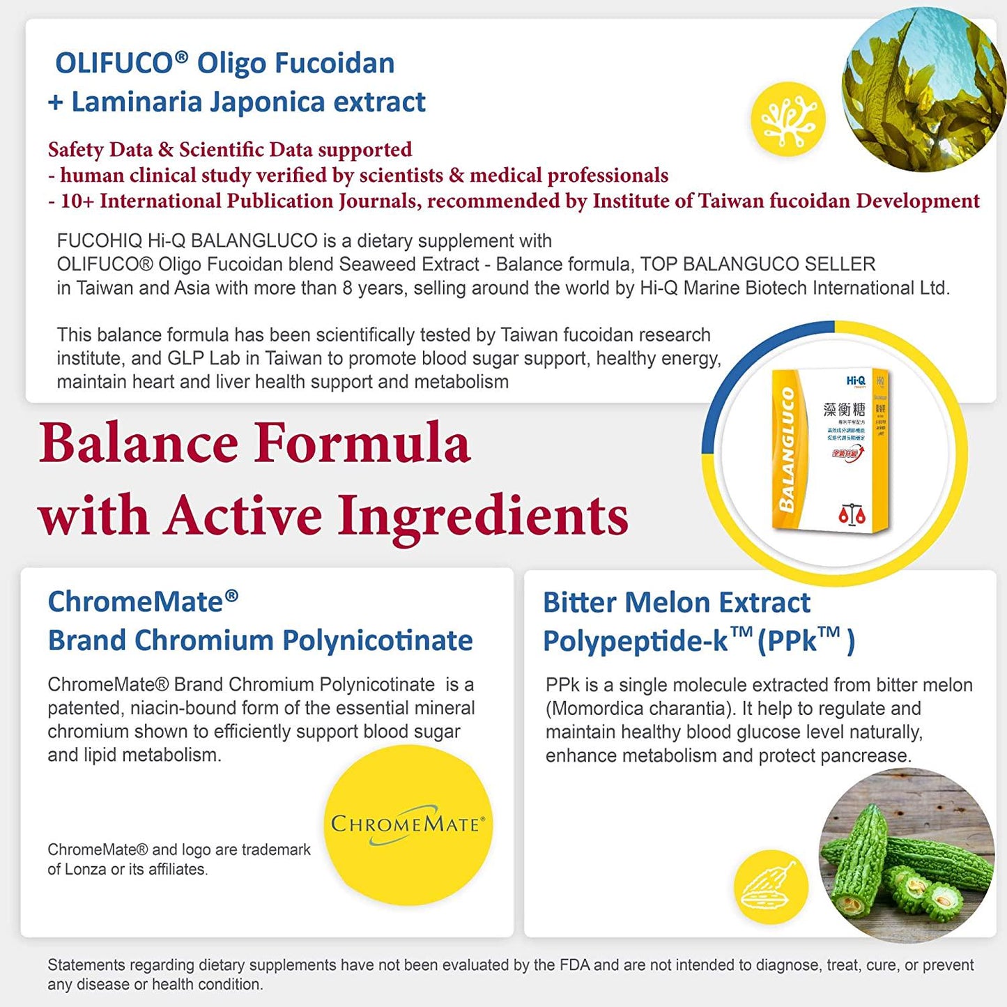 FucoHIQ HI-Q BALANGLUCO Capsules - 550mg - Fucoidan Blend Seaweed Extract Blood Sugar Support, Healthy Energy, Heart and Liver Health Support, Metabolism - 90 Veggie Capsules Made in Taiwan(1-Pack)