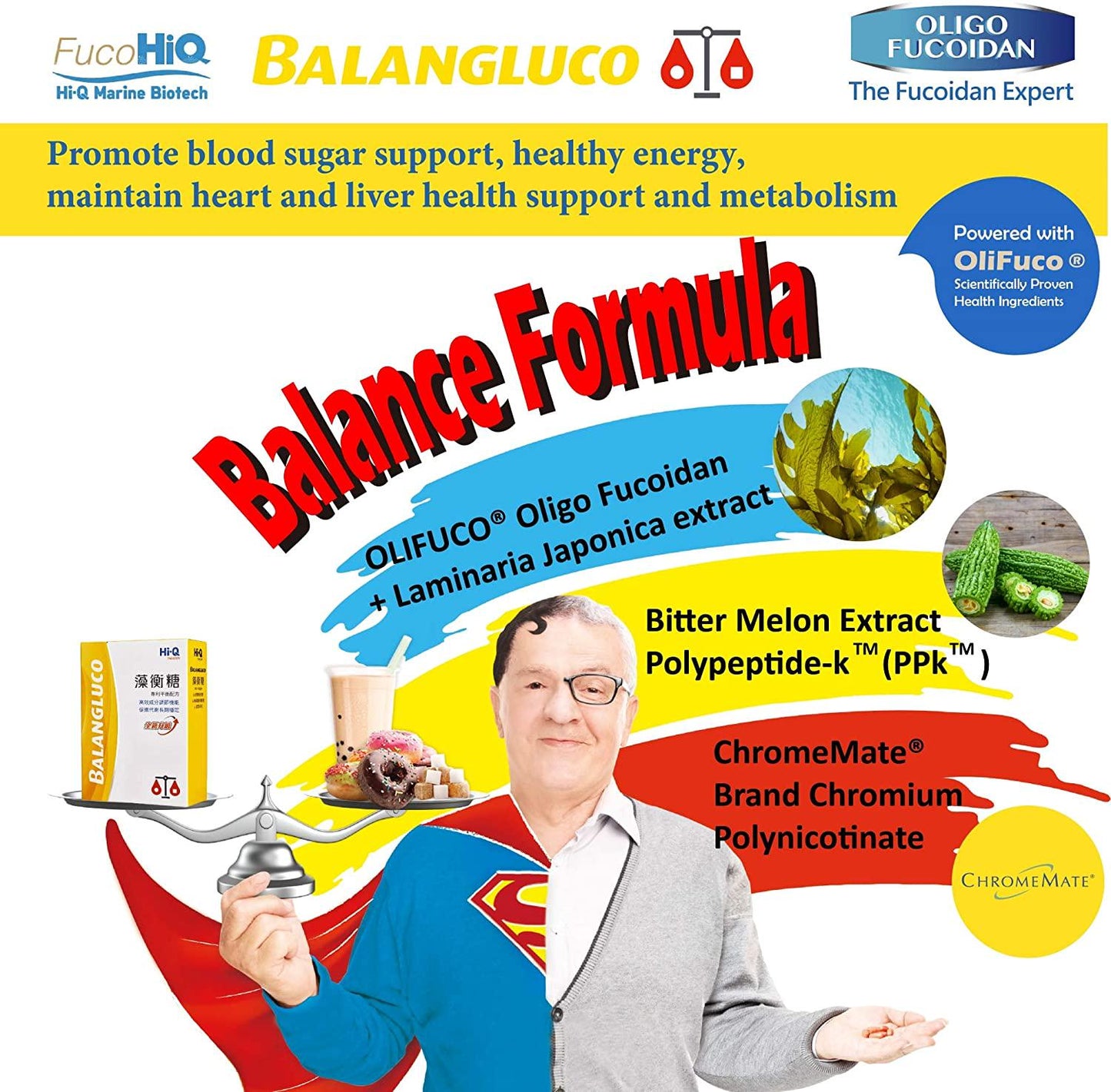 FucoHIQ HI-Q BALANGLUCO Capsules - 550mg - Fucoidan Blend Seaweed Extract Blood Sugar Support, Healthy Energy, Heart and Liver Health Support, Metabolism - 90 Veggie Capsules Made in Taiwan(1-Pack)
