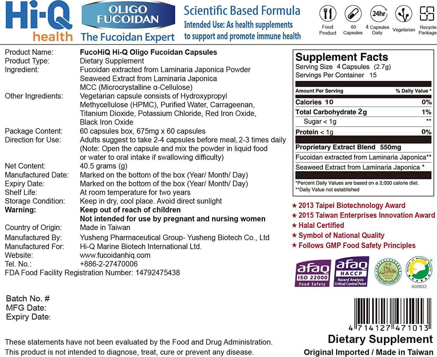 FucoHIQ HI-Q Oligo Fucoidan Capsules - 550mg, Doctor Recommend Fucoidan, Extra Strength Immune Support, for All Ages, Vegetarian, Halal Certified, 60 Veggie Capsules, Made in Taiwan (3 Pack)