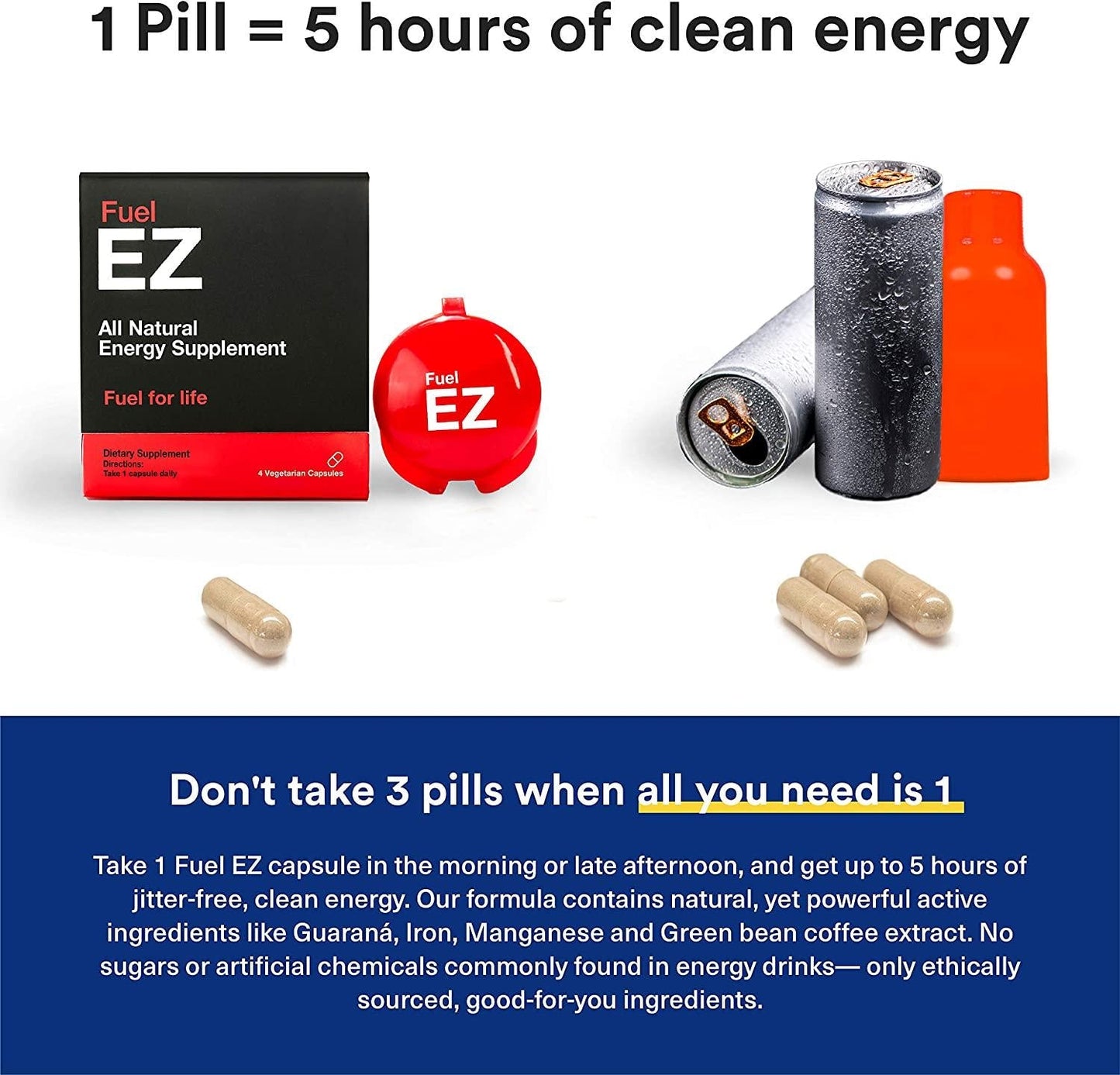 FuelEZ Caffeine Pills for Smooth All Day Energy with Guarana, Green Coffee Bean Extract, Natural Energy to Increase Memory and Clarity with Vitamin B Complex, L Tyrosine 1000 milligrams (12 Capsules)