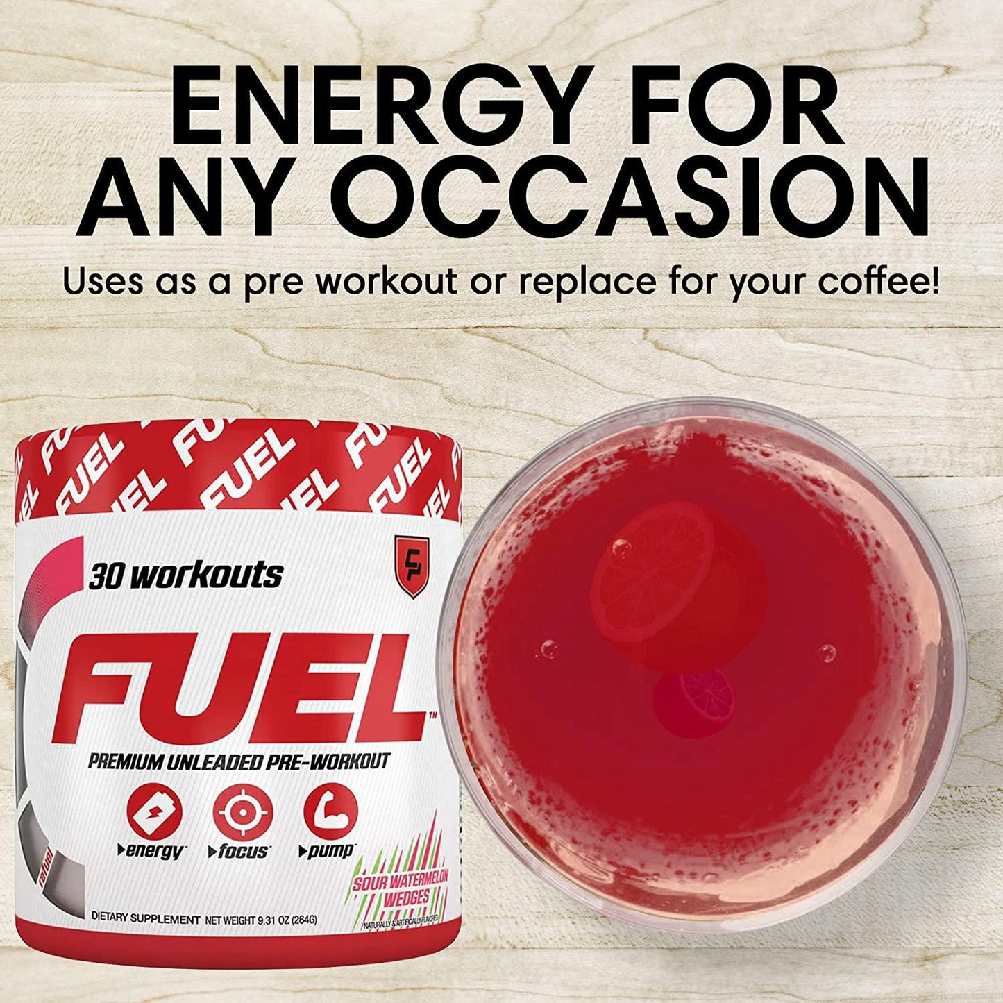Fuel - Pre Workout Powder for Men and Women, Sour Watermelon Wedges Flavor, Low-Calorie and Sugar-Free Pre Workout Mix with Creatine Monohydrate, Supports Energy and Focus