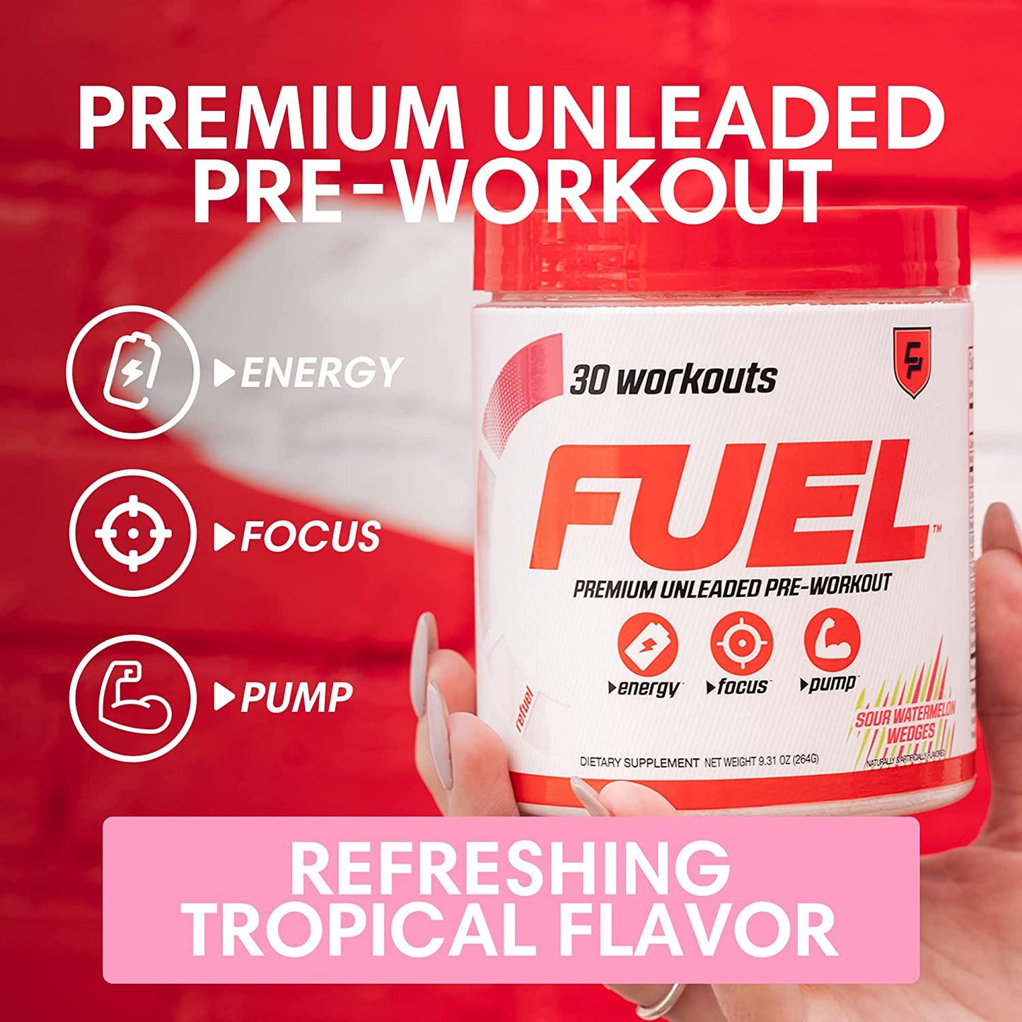Fuel - Pre Workout Powder for Men and Women, Sour Watermelon Wedges Flavor, Low-Calorie and Sugar-Free Pre Workout Mix with Creatine Monohydrate, Supports Energy and Focus