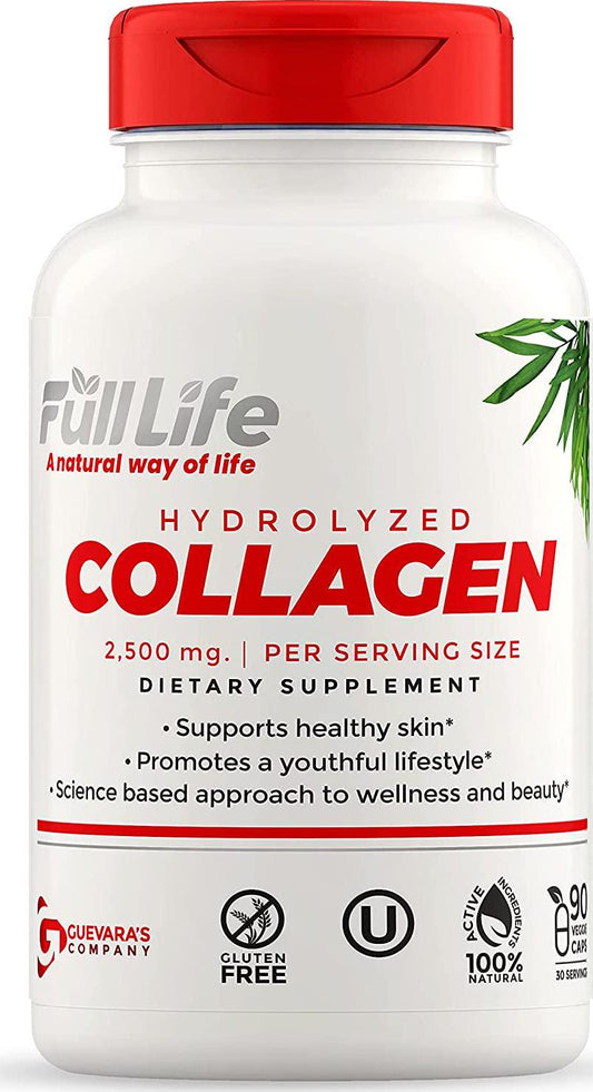 Full Life Hydrolyzed Collagen Capsules - Healthy Skin, Body Elasticity - Wellness and Beauty - Natural Grade A Bovine Hydrolyzed Collagen - Youthful Life - 90 Capsules 2,500mg