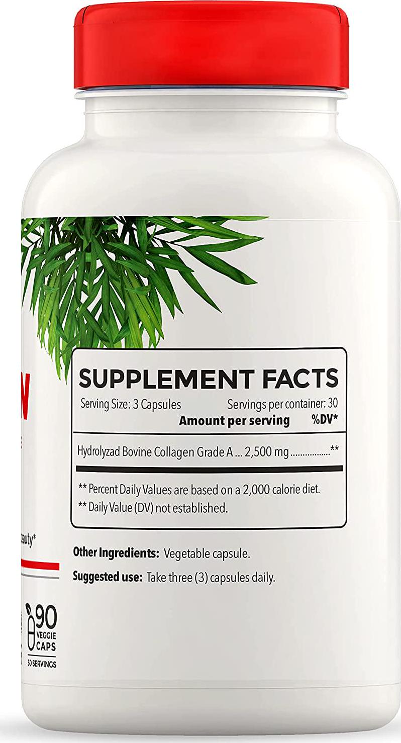 Full Life Hydrolyzed Collagen Capsules - Healthy Skin, Body Elasticity - Wellness and Beauty - Natural Grade A Bovine Hydrolyzed Collagen - Youthful Life - 90 Capsules 2,500mg