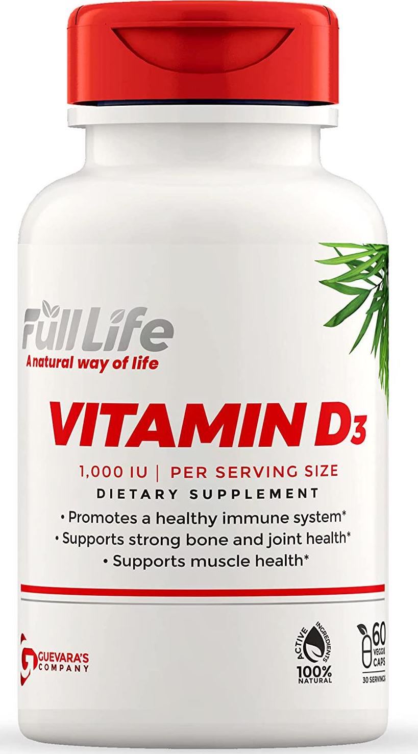Full Life Vitamin D3 Supplements - Promote Immune Health - Strong Bone and Muscles, Joint Health - 100% Natural Capsules - 60 Veggie Capsules 25 mcg, 1000IU per Serving