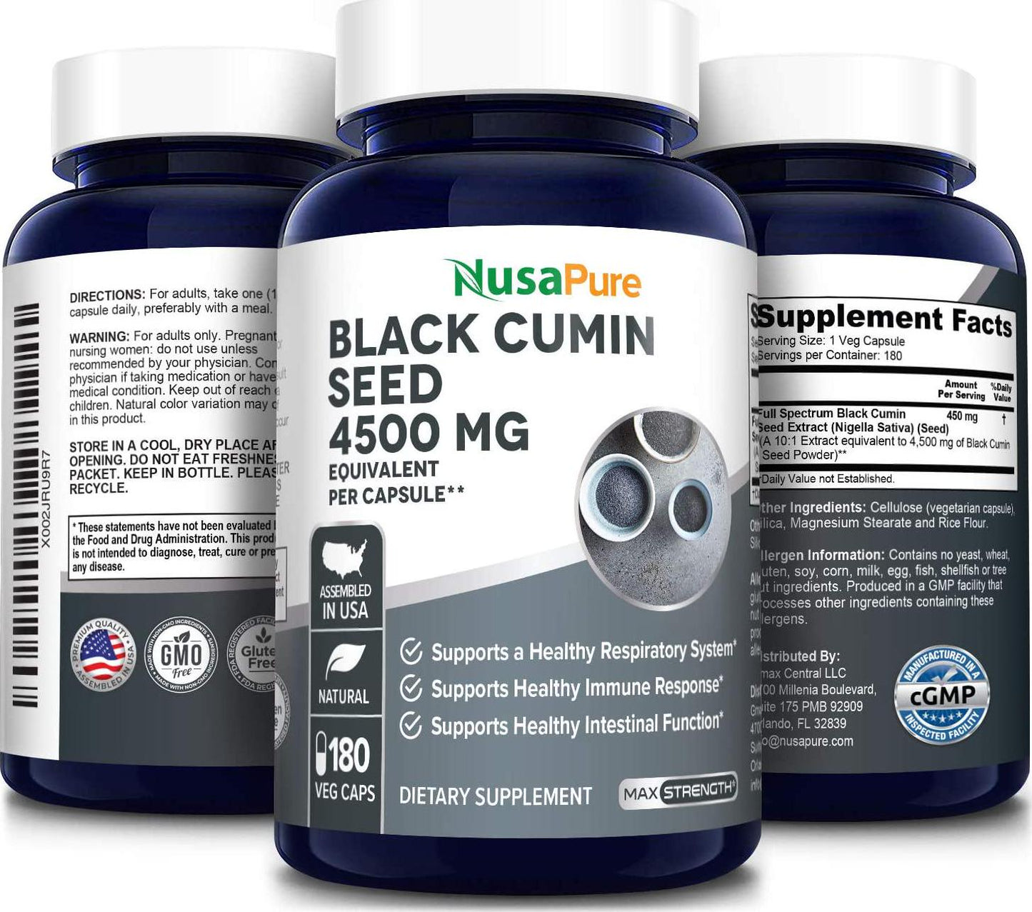 Full Spectrum Black Cumin Seed Extract 4500mg 180 Veggie Powder Caps (Extract Ratio 10:1, Non-GMO and Gluten Free) Non-Oily