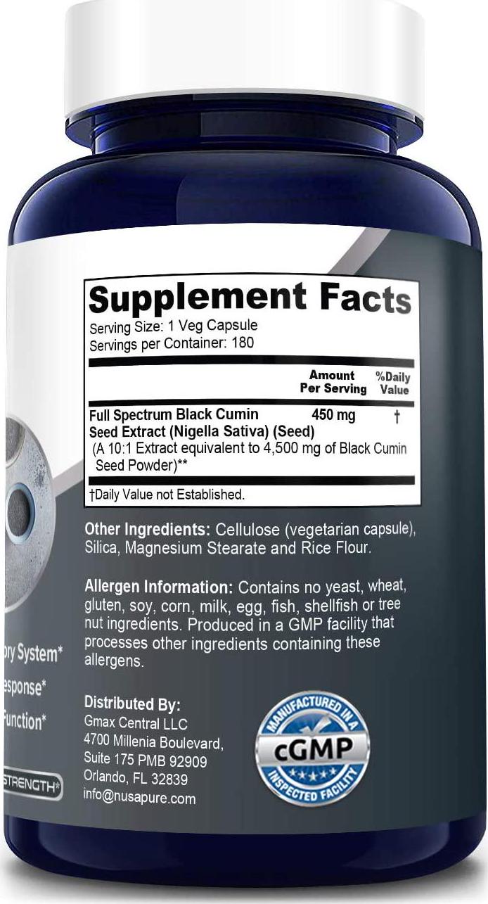Full Spectrum Black Cumin Seed Extract 4500mg 180 Veggie Powder Caps (Extract Ratio 10:1, Non-GMO and Gluten Free) Non-Oily