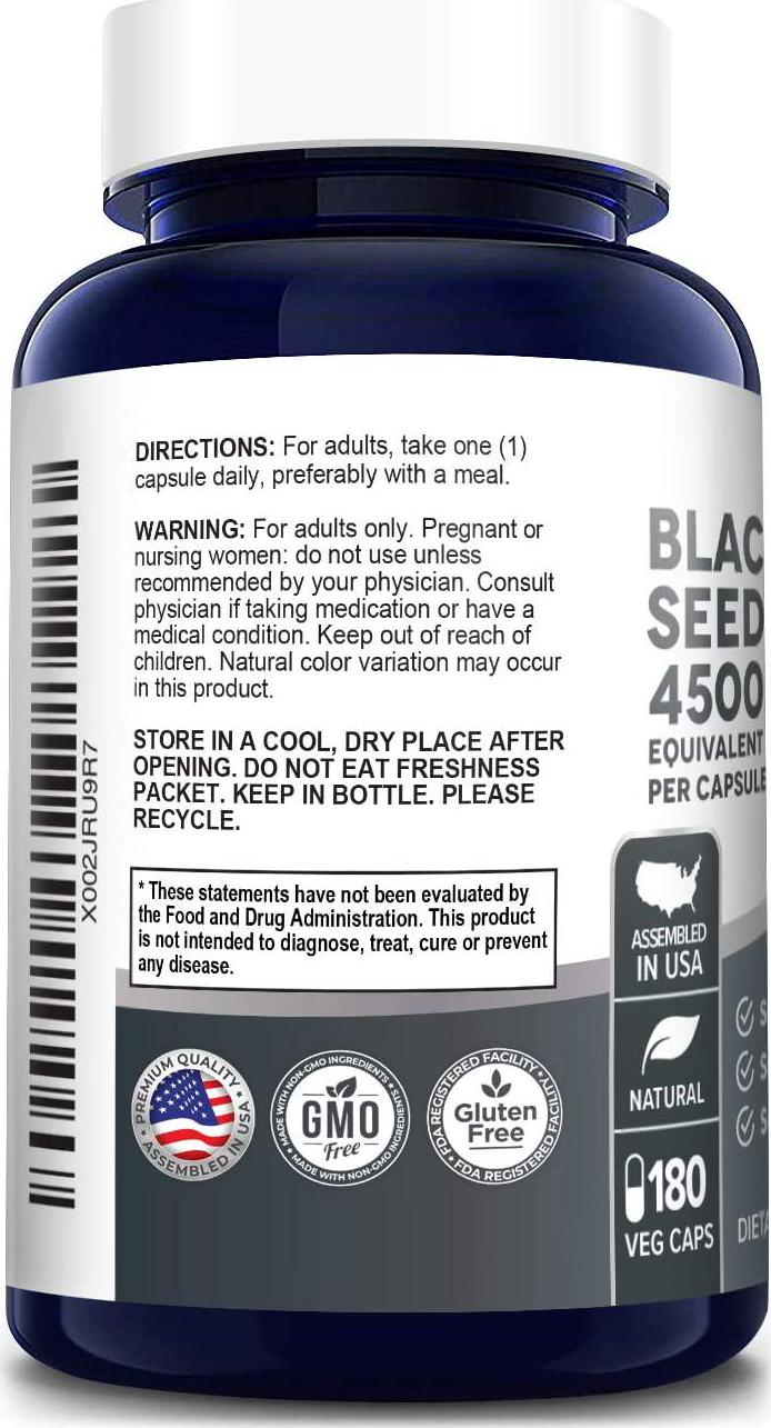 Full Spectrum Black Cumin Seed Extract 4500mg 180 Veggie Powder Caps (Extract Ratio 10:1, Non-GMO and Gluten Free) Non-Oily