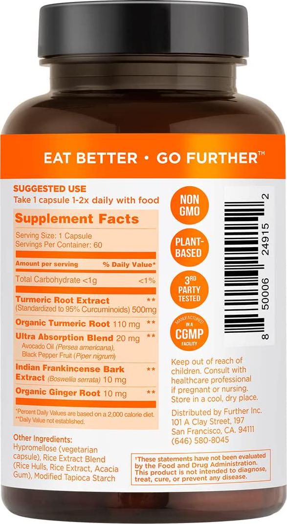 Further Food Premium Curcumin Turmeric | 500mg of 95% Curcumin Extract + Organic Turmeric Root | Black Pepper and Avocado Oil for Enhanced Absorption | Boswellia and Ginger, 60 Vegan Capsules, 2-mo Supply