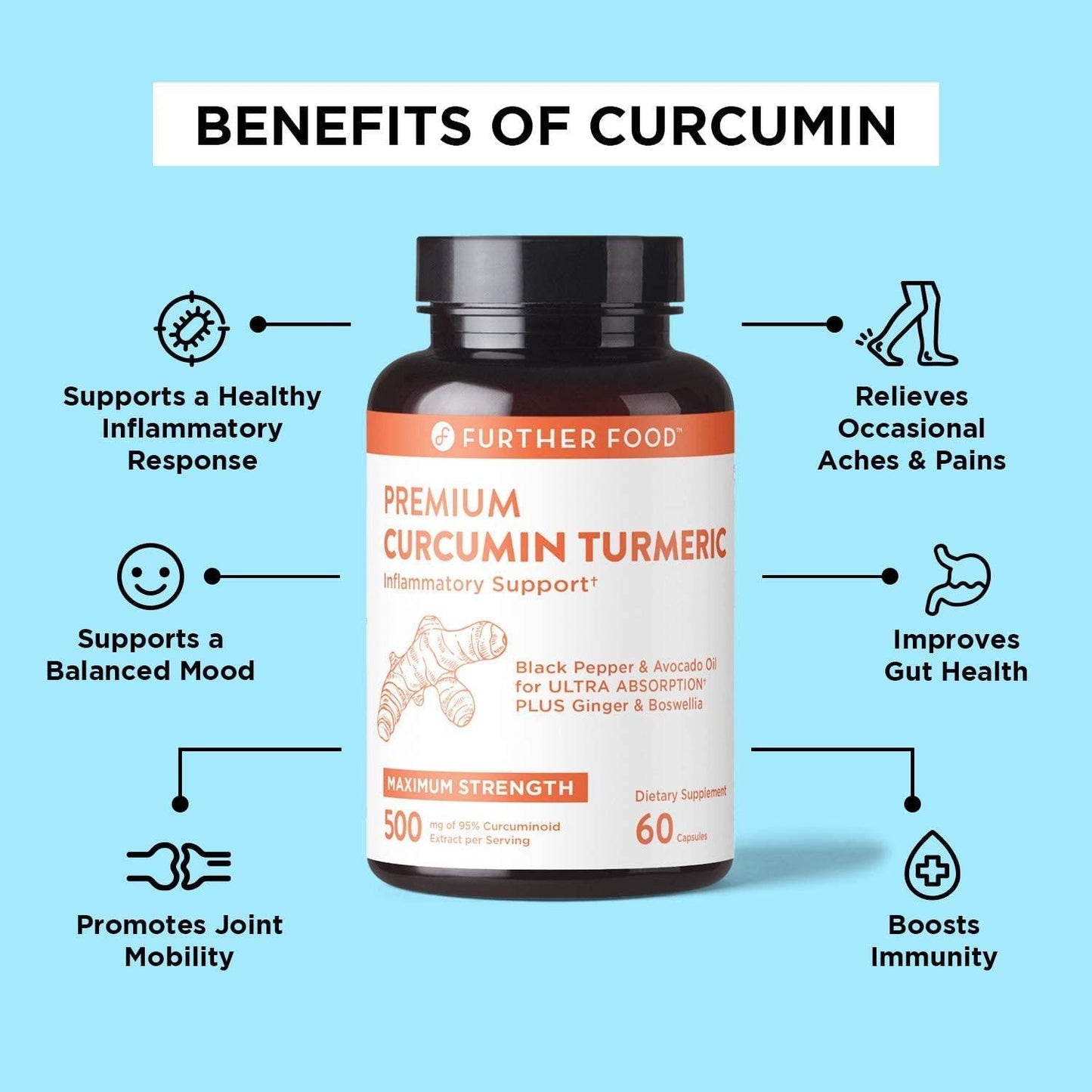 Further Food Premium Curcumin Turmeric | 500mg of 95% Curcumin Extract + Organic Turmeric Root | Black Pepper and Avocado Oil for Enhanced Absorption | Boswellia and Ginger, 60 Vegan Capsules, 2-mo Supply
