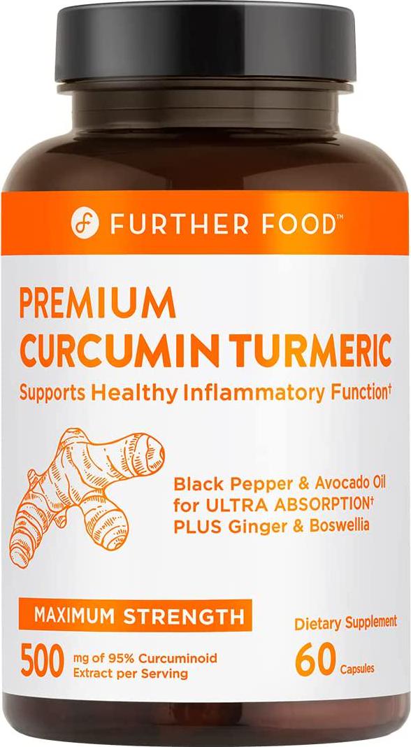 Further Food Premium Curcumin Turmeric | 500mg of 95% Curcumin Extract + Organic Turmeric Root | Black Pepper and Avocado Oil for Enhanced Absorption | Boswellia and Ginger, 60 Vegan Capsules, 2-mo Supply