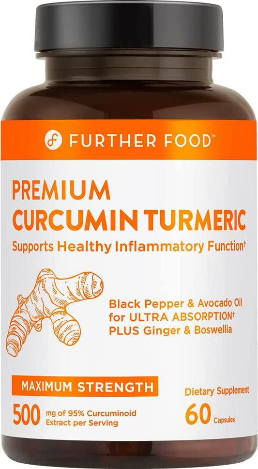 Further Food Premium Curcumin Turmeric | 500mg of 95% Curcumin Extract + Organic Turmeric Root | Black Pepper and Avocado Oil for Enhanced Absorption | Boswellia and Ginger, 60 Vegan Capsules, 2-mo Supply
