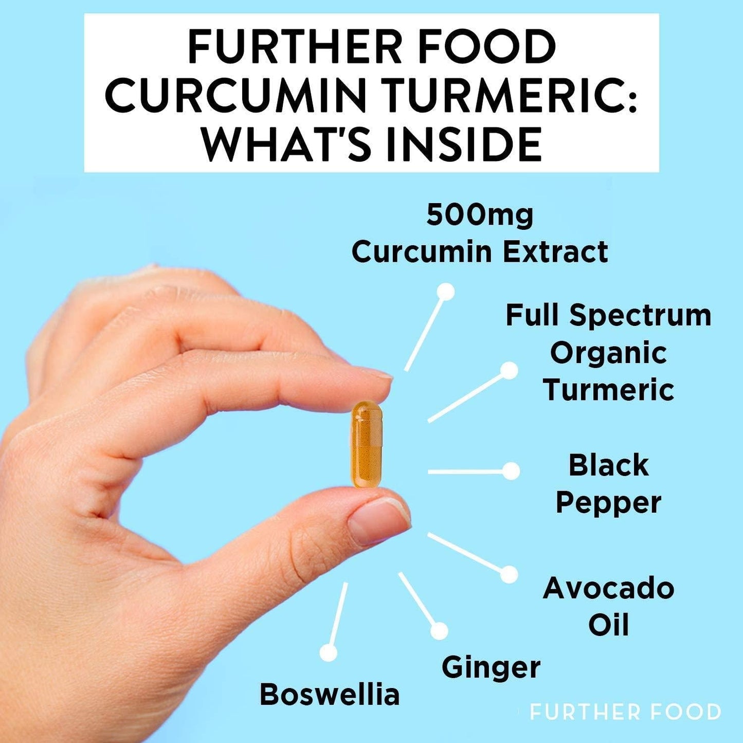 Further Food Premium Curcumin Turmeric | 500mg of 95% Curcumin Extract + Organic Turmeric Root | Black Pepper and Avocado Oil for Enhanced Absorption | Boswellia and Ginger, 60 Vegan Capsules, 2-mo Supply