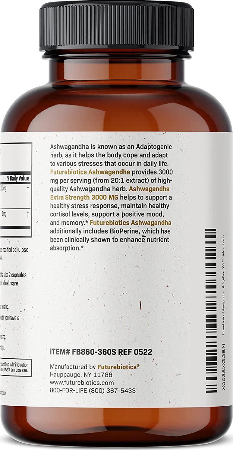 Futurebiotics Ashwagandha Capsules Extra Strength 3000mg - Stress Relief Formula, Natural Mood Support, Stress, Focus, and Energy Support Supplement, 360 Capsules