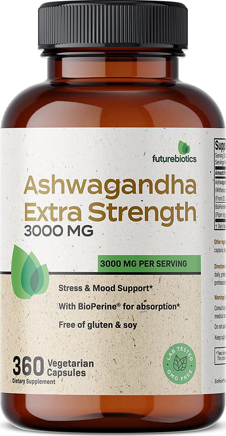 Futurebiotics Ashwagandha Capsules Extra Strength 3000mg - Stress Relief Formula, Natural Mood Support, Stress, Focus, and Energy Support Supplement, 360 Capsules