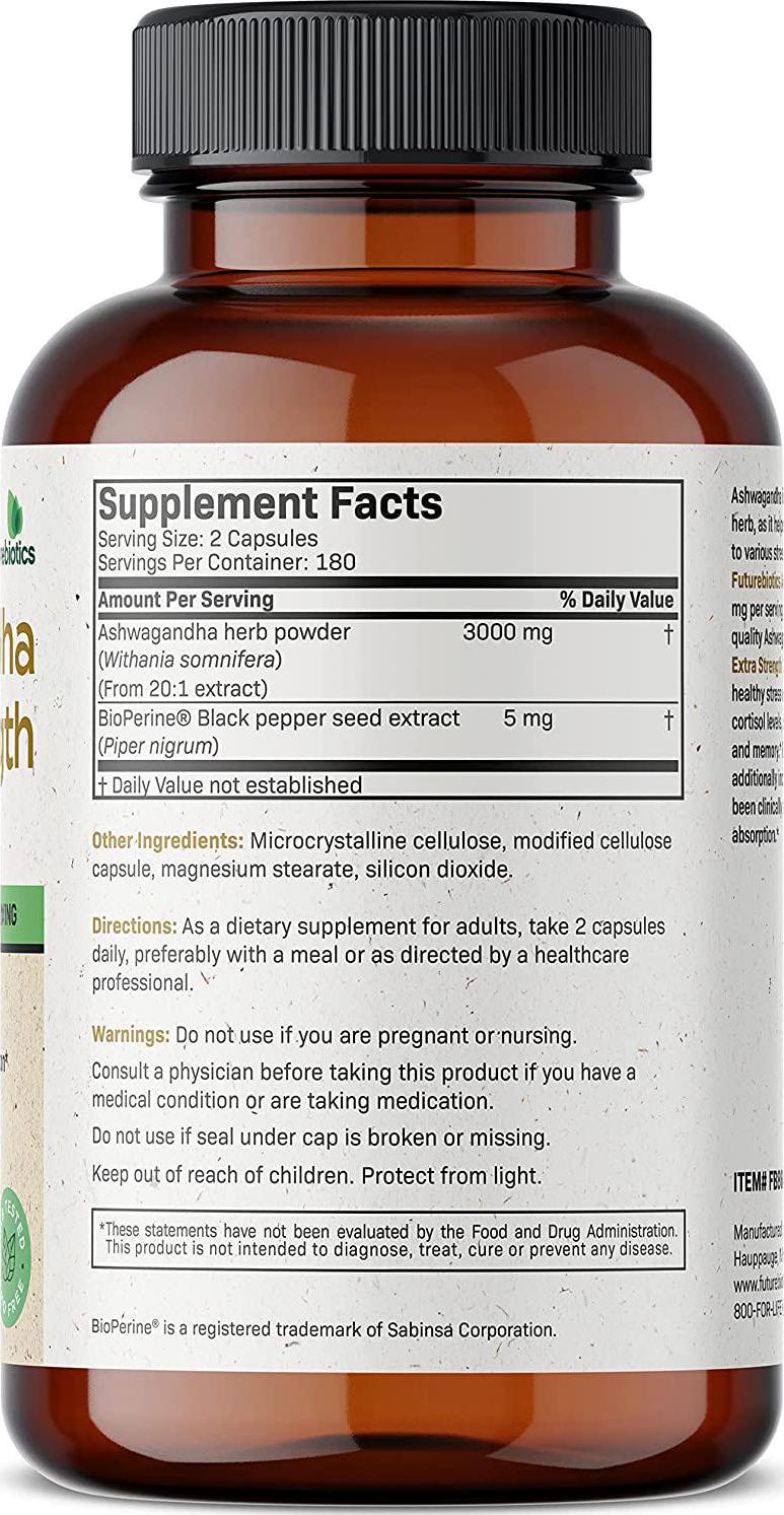 Futurebiotics Ashwagandha Capsules Extra Strength 3000mg - Stress Relief Formula, Natural Mood Support, Stress, Focus, and Energy Support Supplement, 360 Capsules