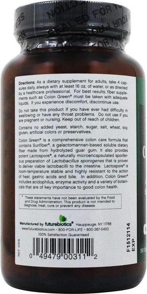 Futurebiotics Colon Green Fiber Supplement Capsule - 150 per Pack - 3 Packs per case.