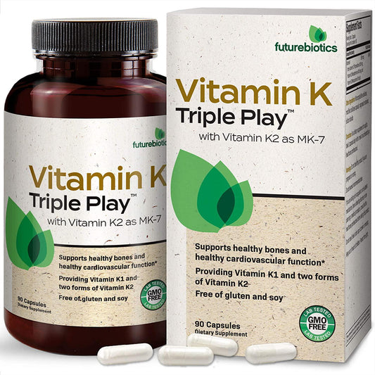 Futurebiotics Vitamin K Triple Play (Vitamin K2 MK7 / Vitamin K2 MK4 / Vitamin K1) Full Spectrum Complex Vitamin K Supplement, 90 Capsules
