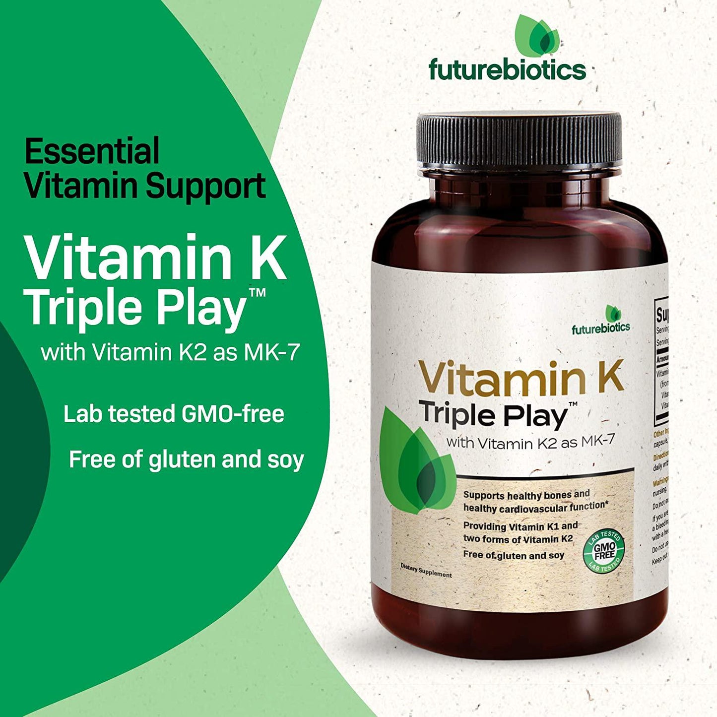 Futurebiotics Vitamin K Triple Play (Vitamin K2 MK7 / Vitamin K2 MK4 / Vitamin K1) Full Spectrum Complex Vitamin K Supplement, 90 Capsules