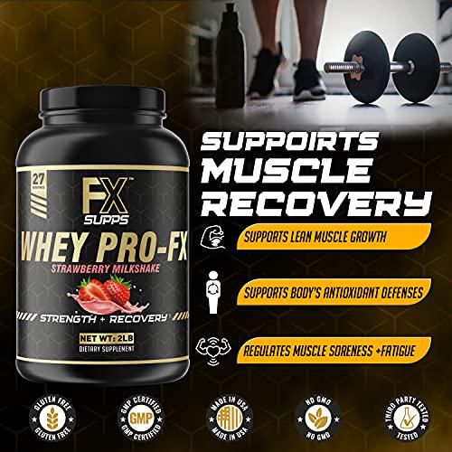 Fx Supps Whey Pro-FX Protein Powder Strawberry Flavored Shake | Post Workout Recovery Supplement for Men and Women | Boosts Strength and Muscle Growth | Great-Tasting Mix with Natural BCAA (2 Pounds)